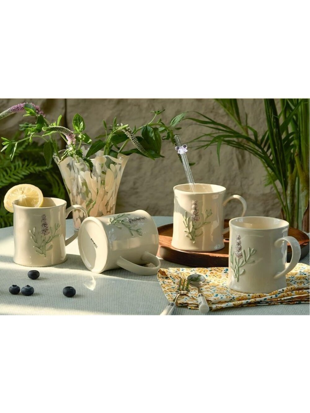 Handcrafted Ceramic Mug Set - 10oz Off-White Stoneware, Sage Botanical Design